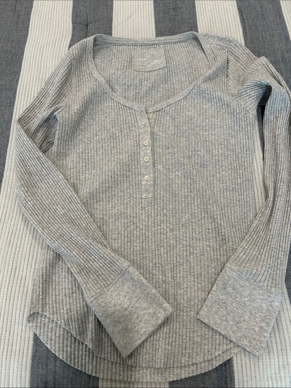 aerie Ribbed Henley Long Sleeve Top - Heather Gray